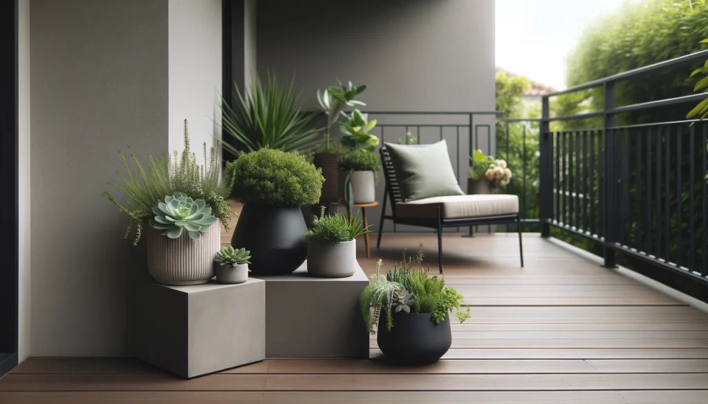 DALL·E 2024 05 06 19.20.28 A minimalist outdoor setting focusing on greenery and planters. The scene shows a small balcony with a few simple stylish planters containing easy to