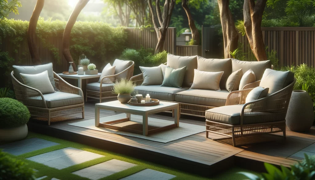 DALL·E 2024 05 06 19.20.30 A cozy outdoor living space with a simple yet stylish arrangement of outdoor furniture. The scene includes a small outdoor sofa or seating area with c