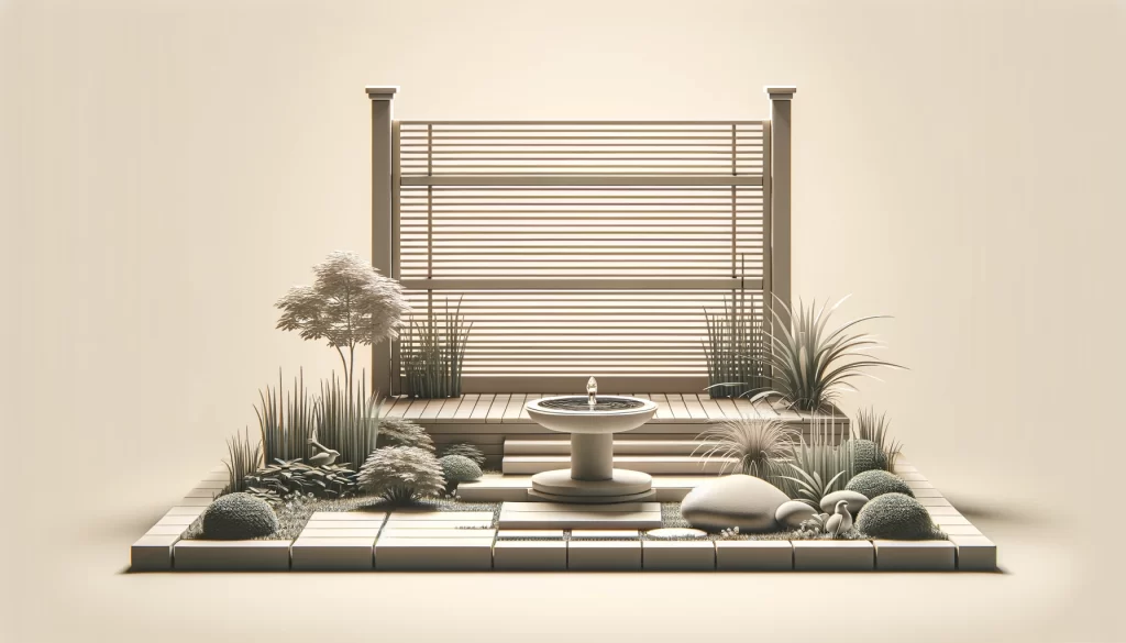 DALL·E 2024 05 06 19.20.32 A simple and tranquil outdoor scene featuring a water feature. The setting includes a small garden or patio area with a modest bird bath or a simple f