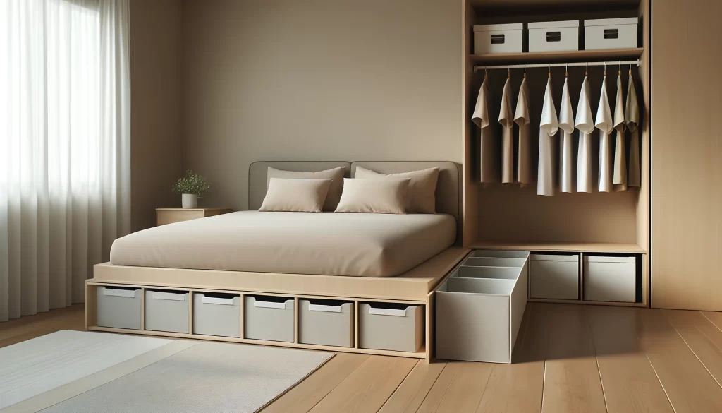 DALL·E 2024 05 12 19.12.20 A modern bedroom featuring a bed with visible under bed storage boxes. The room should have a minimalistic design with neutral colors showcasing the