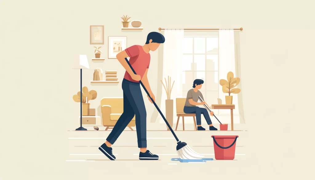 A person sweeping a floor with a broom, followed by mopping with a bucket and mop nearby.