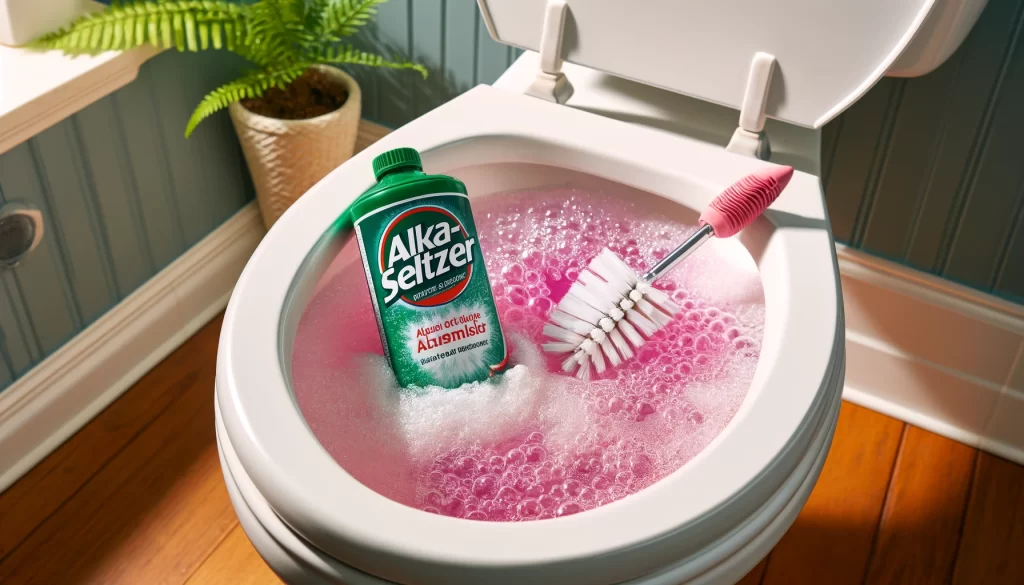 Alka-Seltzer tablets fizzing in a toilet bowl, with a toilet brush nearby for scrubbing