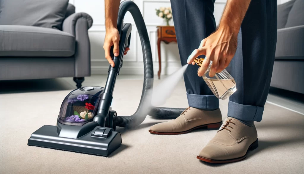 A person spritzing perfume into the vacuum bag compartment before vacuuming a carpeted floor