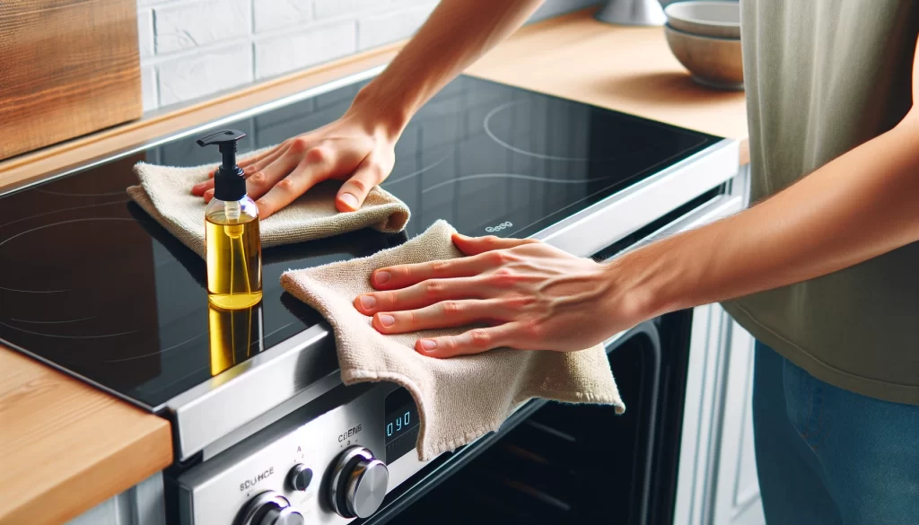 A person using a cloth with baby oil to wipe down and clean the top of a stove hood.