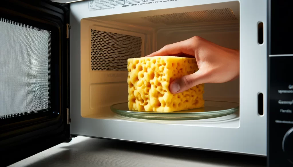 A kitchen sponge being placed in a microwave, shown through the microwave door.