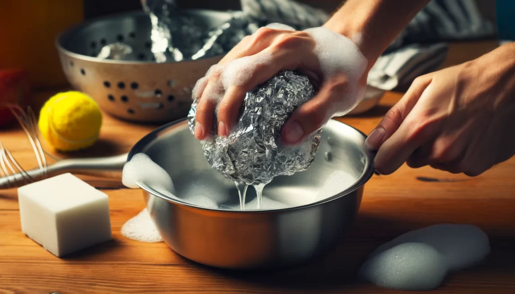 A crumpled ball of aluminum foil being used to scrub a pot with dish soap and water.