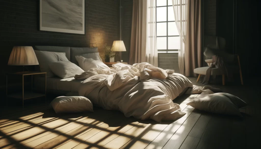 A bedroom scene with a bed that has its blankets pulled back, exposing the sheets to sunlight streaming through a window.