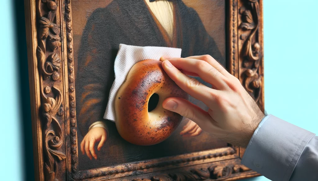 A hand gently rubbing the soft side of a bagel on an old painting, lifting grime without damaging the artwork.