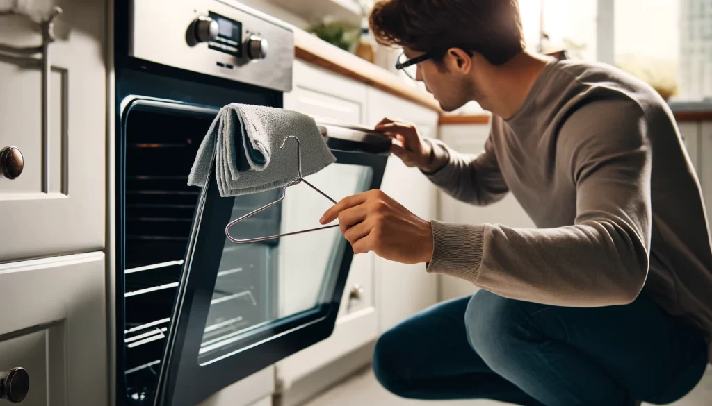 A person using a wire hanger with a cleaning cloth attached to clean between the glass panels of an oven door.