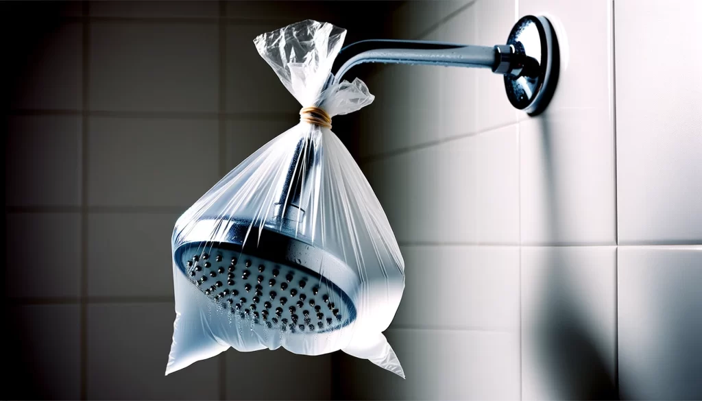 DALL·E 2024 05 25 18.43.52 A simple image of a shower head inside a plastic bag filled with water with the bag securely attached around the shower head using an elastic band. T