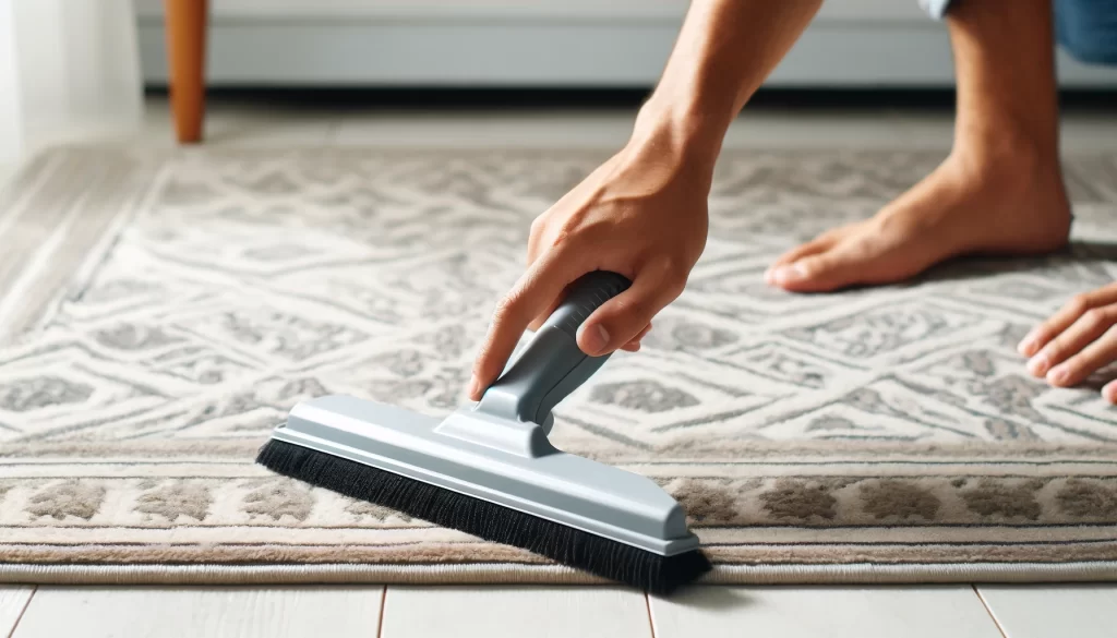 DALL·E 2024 05 25 18.55.51 A simple image of a hand using a shower squeegee to clean a rug. The image shows a hand holding a shower squeegee running it across a patterned rug.