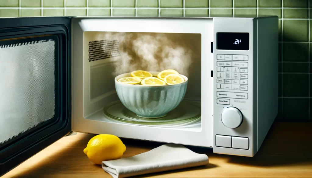 DALL·E 2024 05 25 20.51.38 A microwave safe bowl with lemon halves and boiling water inside a microwave steaming up the interior. The microwave door is slightly open showing t