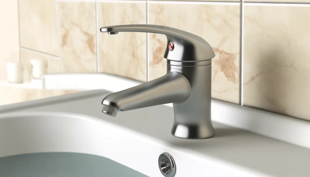 DALL·E 2024 05 26 10.31.42 A realistic image of a bathroom faucet in a bathroom setting without any water coming out of the faucet clean and shiny