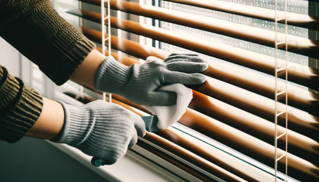 DALL·E 2024 05 26 11.54.23 A person cleaning window blinds using an old sock worn over their hand. The sock is dampened and the person is running their hand over each slat of th