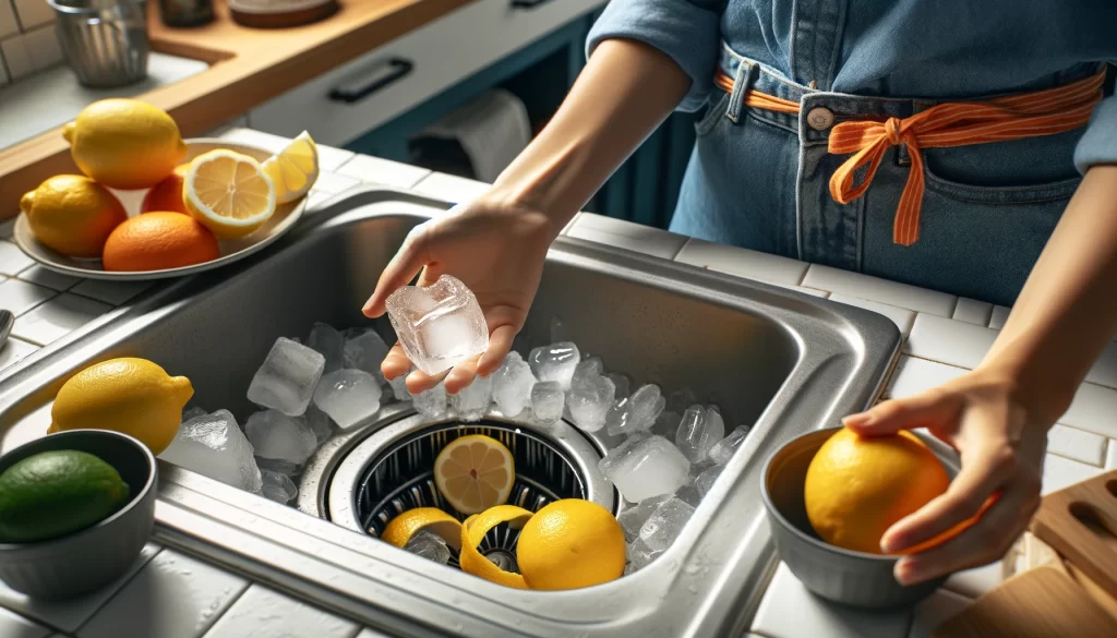 DALL·E 2024 05 26 12.26.45 A person putting ice and lemon peels into a kitchen sink garbage disposal to clean and deodorize it. The scene shows a clean kitchen sink with the dis