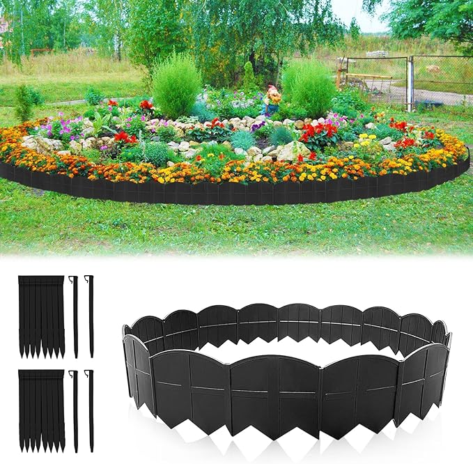 Vashly Garden Edging Border, 20pcs Garden Landscape Edging Borders, Plastic Garden Fence Edging, Interlocking Landscaping Edging, Flexible Lawn Edging Flower Bed Border, for Outdoor Patio Pathway
