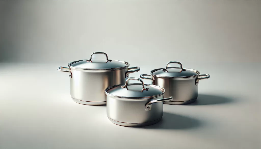 DALL·E 2024 10 05 11.38.52 A very simple and logically accurate feature image showing a small set of stainless steel cookware including one pot and one pan with matching lids 1 1